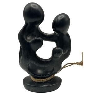 Hand Carved Black Stone Family Sculpture Abstract Unity Art Decor